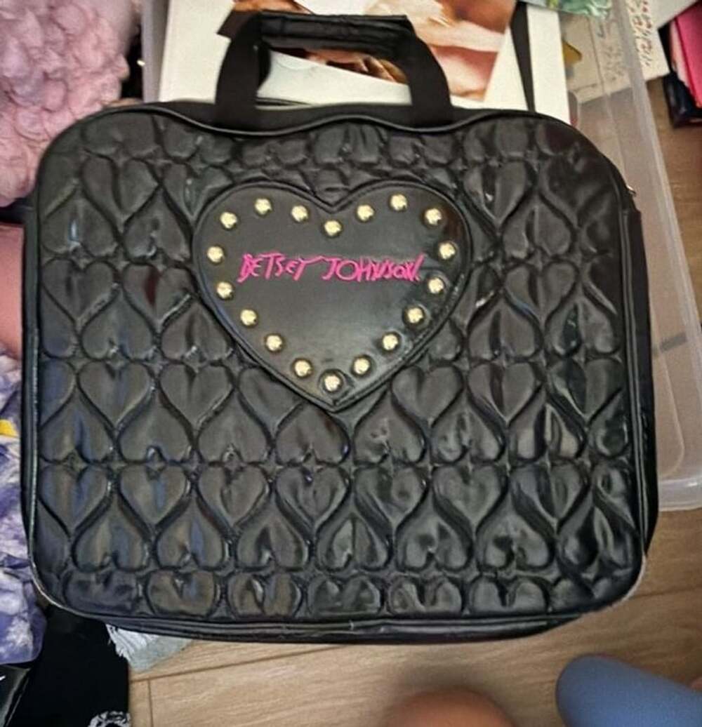 Betsey Johnson Black Quilted Heart Studded Laptop Bag